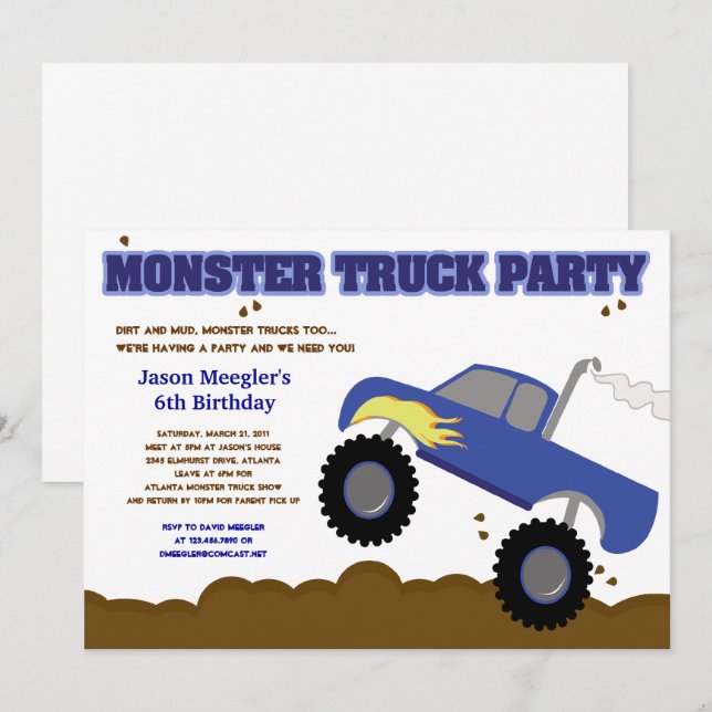 Invitation Camion Monster Anniversaire Camion bleu avec flamm (Devant / Derrière)
