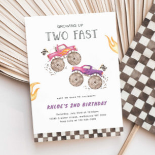 Invitation Camion Monster Rose Girl Deux Anniversaire Rapide
