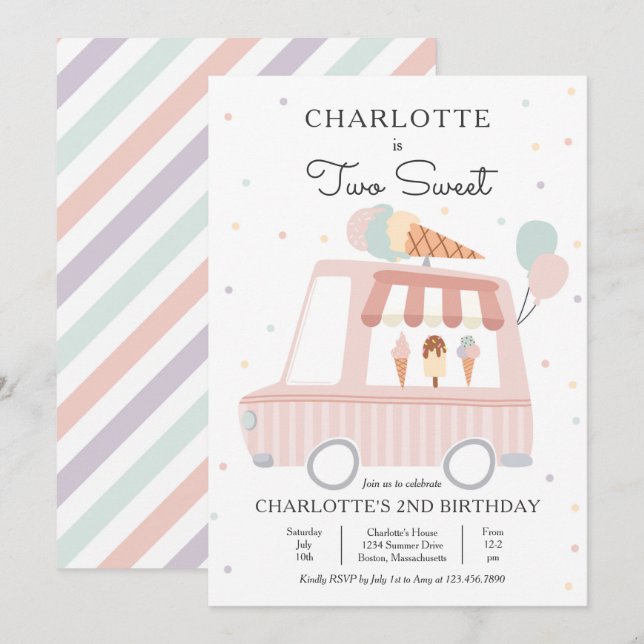 Invitation Camion Pink Ice Cream Deux sucré 2e fête d'anniver (Devant / Derrière)