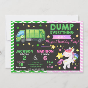Invitation Camion poubelle et Licorne Anniversaire commun