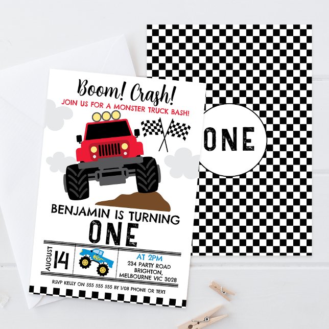 Invitation Camion Red Blue Monster 1er anniversaire (Monster truck themed first birthday invitation featuring a red monster truck and racing flags.)