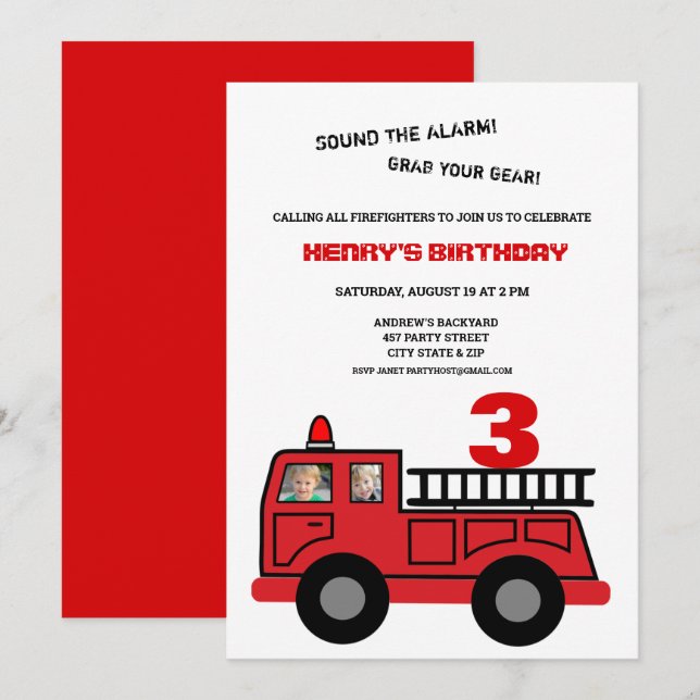 Invitation Camion Red Fire Deux photos Anniversaire (Devant / Derrière)