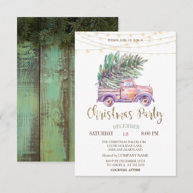 Invitation Camion rose Pine Trees, Lumières Bois Noël (Devant / Derrière)
