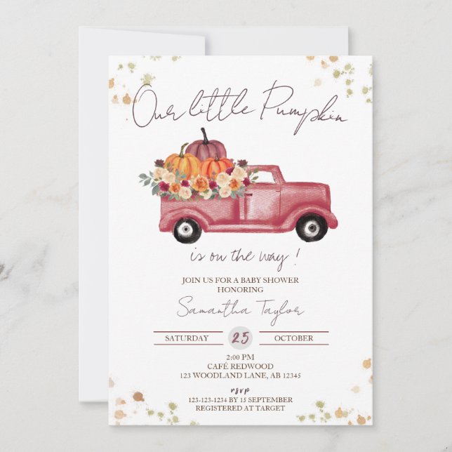 Invitation Camion rouge, Baby shower Citrouille, Automne rose (Devant)