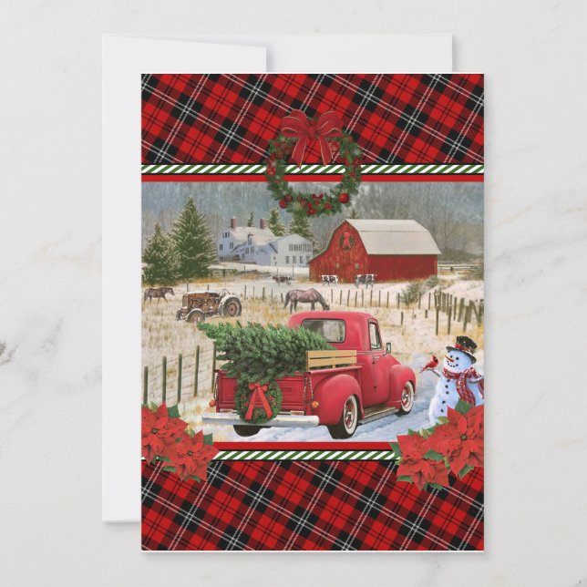Invitation camion rouge de noël sur la peinture de ferme à ch (Devant)