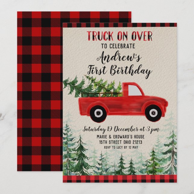 Invitation Camion rouge dessus au-dessus de fête (Devant / Derrière)