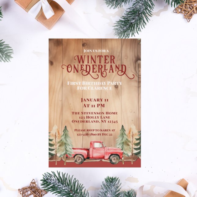 Invitation Camion Rouge Rustique Hiver Onederland Anniversair (Créateur téléchargé)