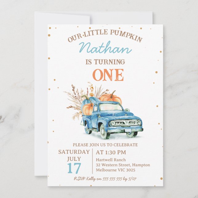 Invitation Camion Rustic Blue Citrouille Automne 1er annivers (Devant)