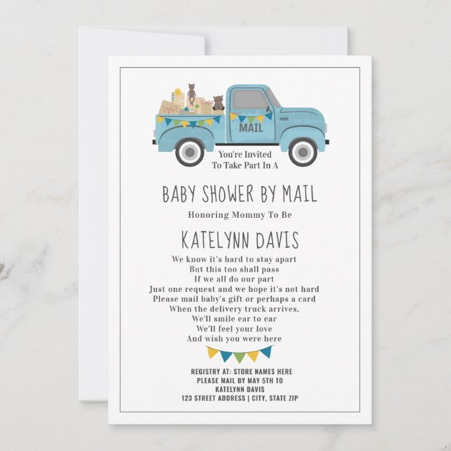 Invitation Camion Social Distances Baby shower Bleu Par La Po (Devant)