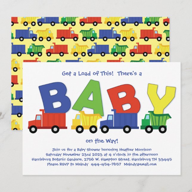 Invitation Camions Baby shower Camion Camion Garçon (Devant / Derrière)