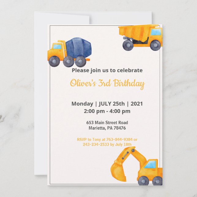 Invitation Camions de construction | Année en révision Annive (Devant)