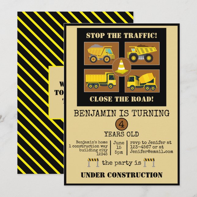 Invitation Camions de construction | Décor de fête d'annivers (Devant / Derrière)