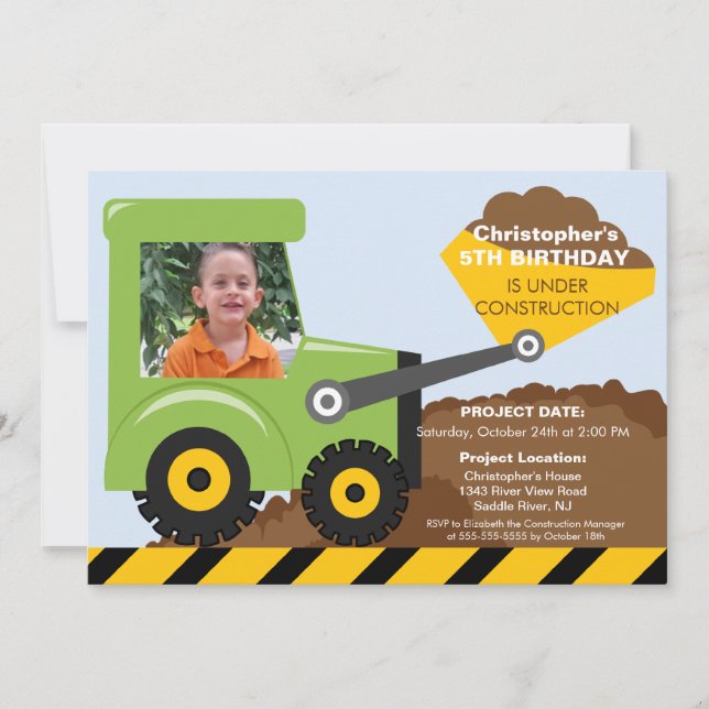 Invitation Camions de construction Photo Anniversaire de la f (Devant)