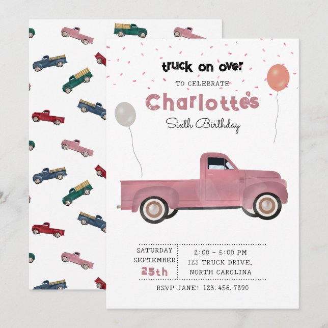Invitation Camions de ramassage Véhicules mignons Fille fête  (Devant / Derrière)