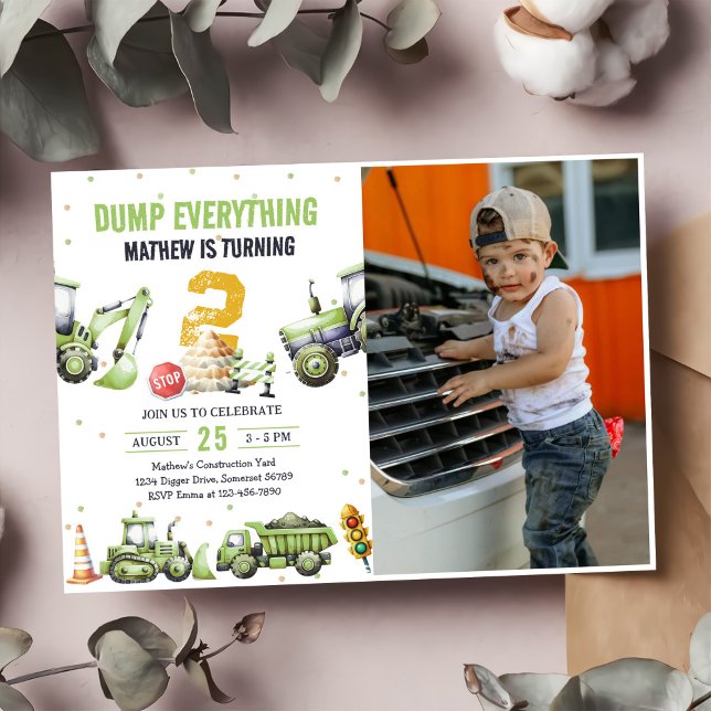 Invitation Camions et Diggers Construction 2e anniversaire Ph (Créateur téléchargé)