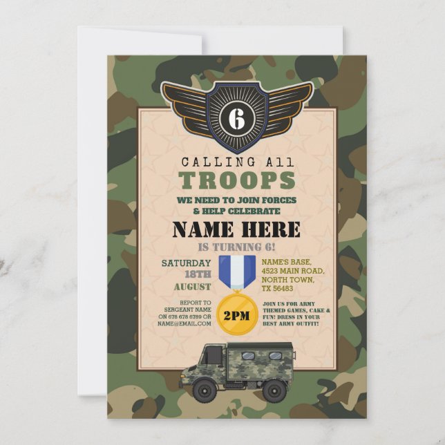 Invitation Camo de fête d'anniversaire des militaires de l'ar (Devant)