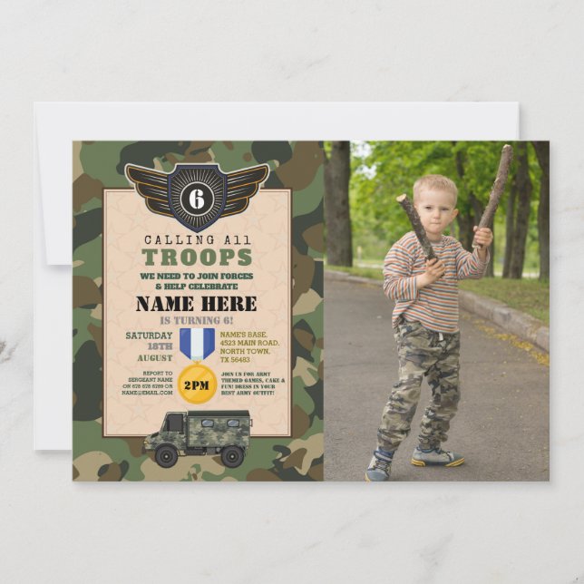 Invitation Camo de fête d'anniversaire des militaires de l'ar (Devant)