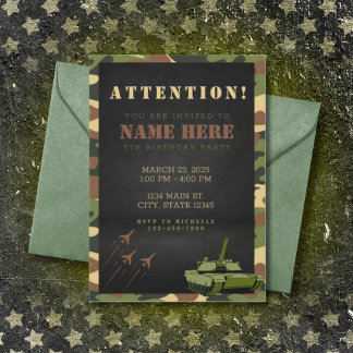 Invitation Camouflage Armée Vert Brown Anniversaire