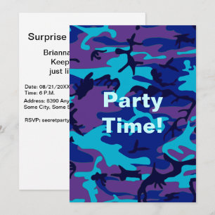 Invitation Camouflage bleu foncé et violet fête d'anniversair