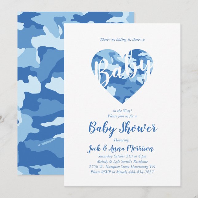 Invitation Camouflage du Baby shower de Camouflage bleu Count (Devant / Derrière)