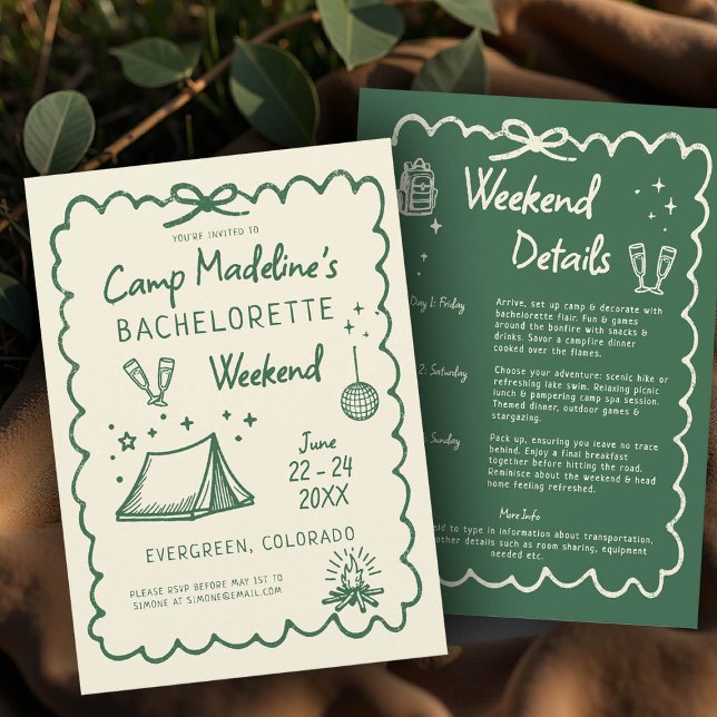 Invitation Camp Bachelorette Bow Main Drag Camping Itinéraire (camp bachelorette invitation itinerary camping hiking mountains nature glamping green hand drawn)