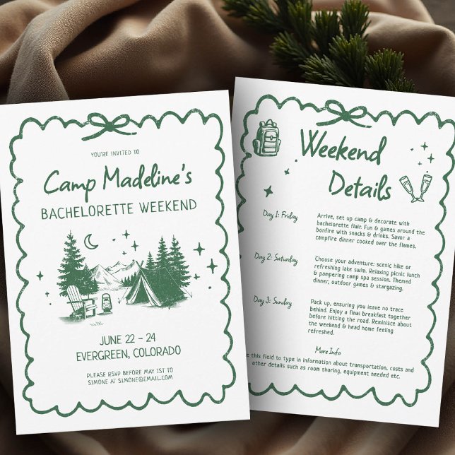 Invitation Camp Bachelorette Green Bow Itinéraire de camping (camp bachelorette invitation itinerary camping hiking mountains nature bach glamping)