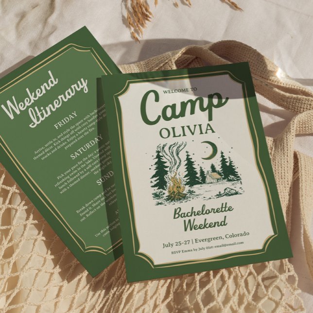 Invitation Camp Bachelorette Green Glamping Itinerary  (Camp Bachelorette Green Glamping Itinerary )