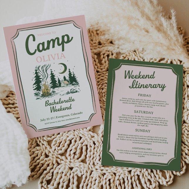 Invitation Camp Bachelorette Green Glamping Itinerary  (camp bachelorette party)