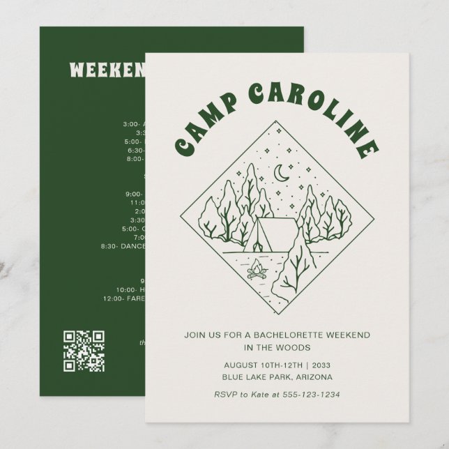Invitation Camp Bachelorette Parti Itinéraire Code QR (Devant / Derrière)