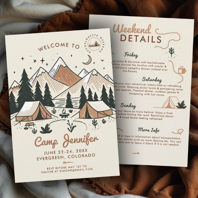 Invitation Camp Camping Bach Timbre 3 jours de fête de bachel (camp bachelorette invitation itinerary earthy terracotta bach camping glamping 3-day weekend)