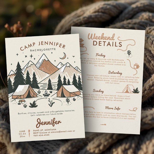 Invitation Camp Camping Glamping 3 jours de fête de bachelore (camp bachelorette invitation itinerary earthy terracotta hand drawn bach camping glamping)