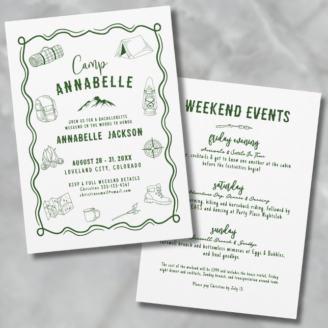 Invitation Camp d'aventure en plein air Enterrement de vie de (Outdoor Adventure Camp Bachelorette Party Invitation)