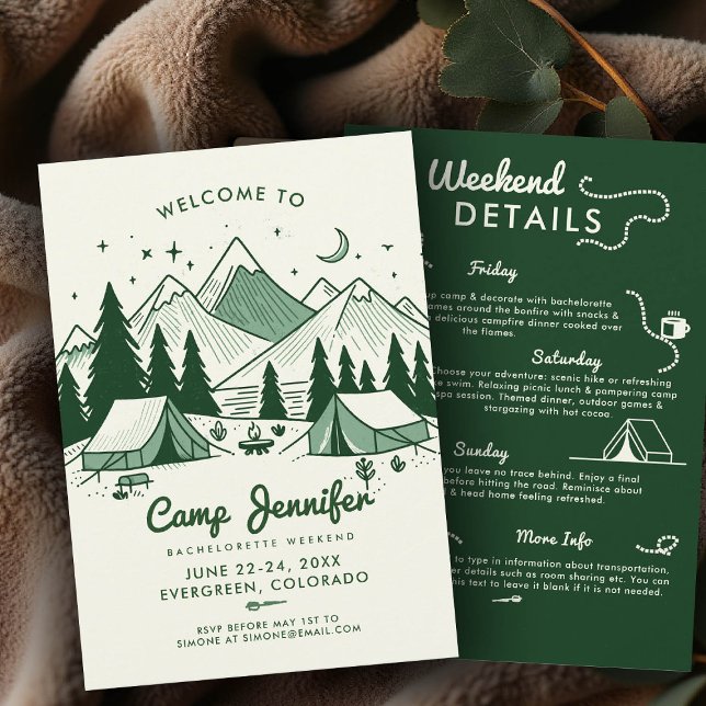 Invitation Camp Itinéraire Green Camping Bachelorette Party (camp bachelorette invitation itinerary green camping glamping 3-day weekend bach nature)
