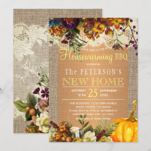 Invitation Campagne automne rustique burlap fleuri au foyer b