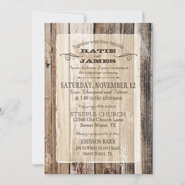 Invitation Campagne Grange Bois Planks Mariage rustique (Devant)