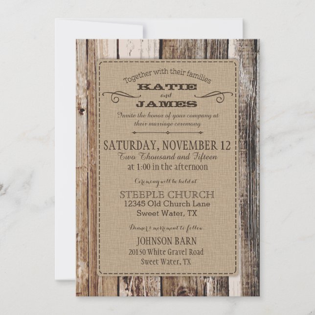 Invitation Campagne Grange Bois Planks Mariage rustique (Devant)