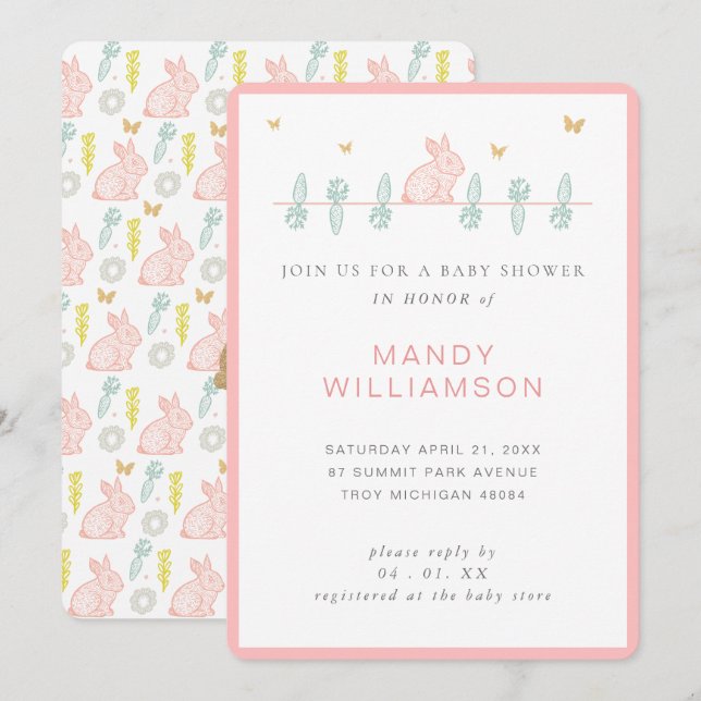 Invitation Campagne Lapin Lapin Baby shower de Pâques Invitat (Devant / Derrière)