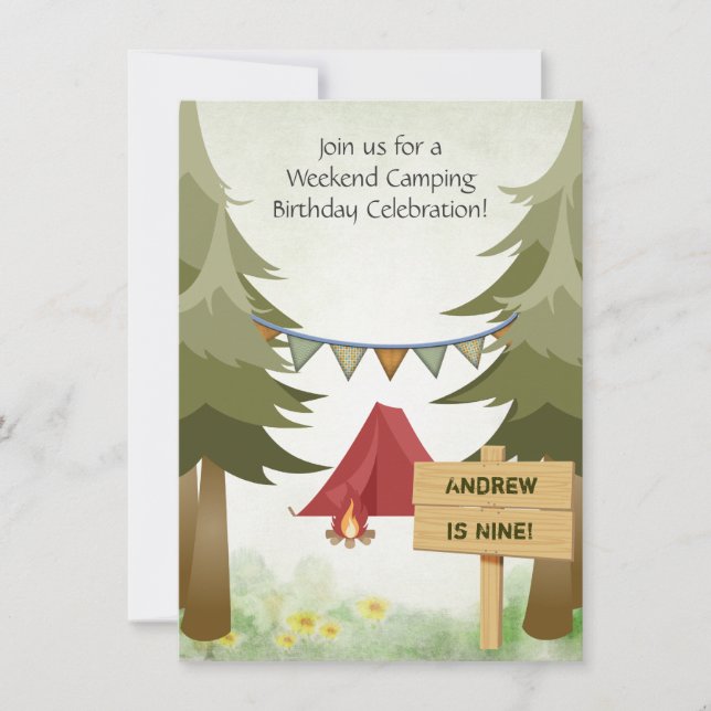 Invitation Campement, tente et feu de bois Anniversaire (Devant)