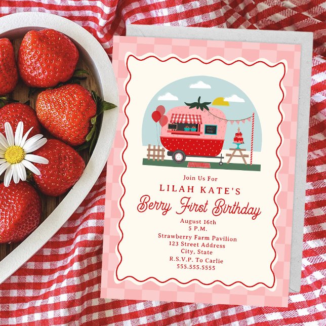 Invitation Camper Berry First Bird Strawberry Checker Camper (Créateur téléchargé)