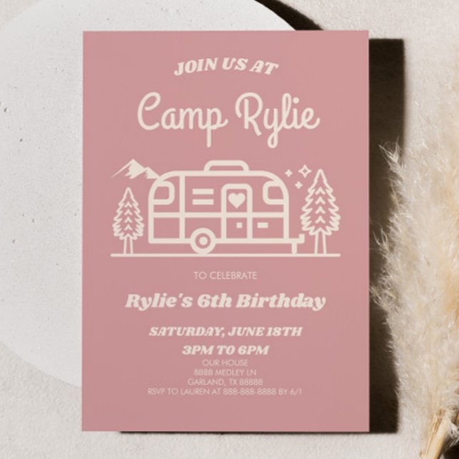 Invitation Camper Camp Retro Rose Camper Camping Fête d'Anniv (Créateur téléchargé)