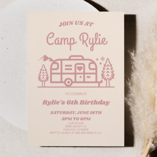 Invitation Camper Camp Retro Rose Camper Camping Fête d'Anniv (Créateur téléchargé)