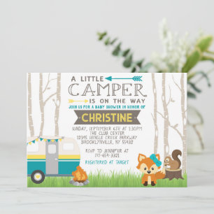 Invitation Camper RV turquoise et Jaune Baby shower boisé