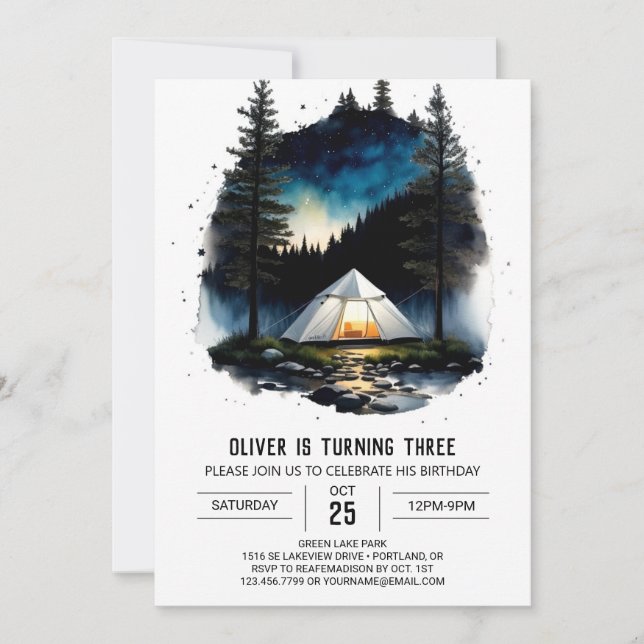Invitation Campfire & Tente Adventure Anniversaire (Devant)