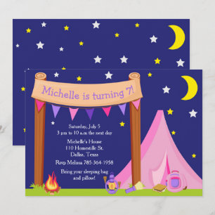 Invitation Camping Anniversaire Dormir rose et violet
