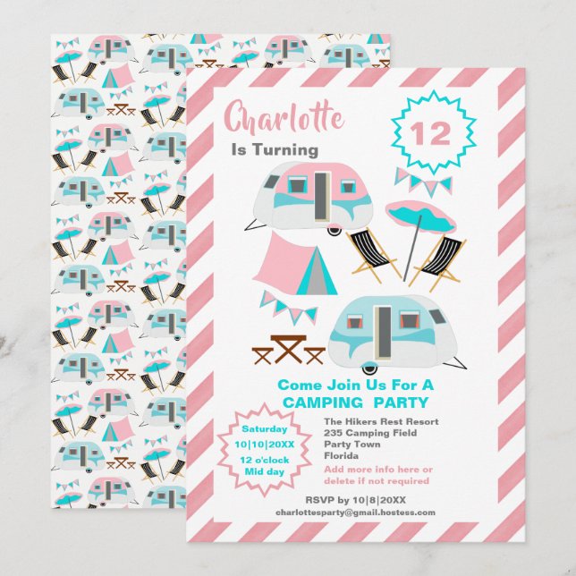 Invitation Camping Anniversaire Fête Cute Retro Style  (Devant / Derrière)