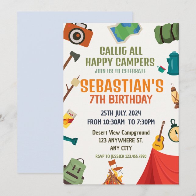 Invitation Camping Anniversaire Fête Enfants modernes Invitat (Devant / Derrière)
