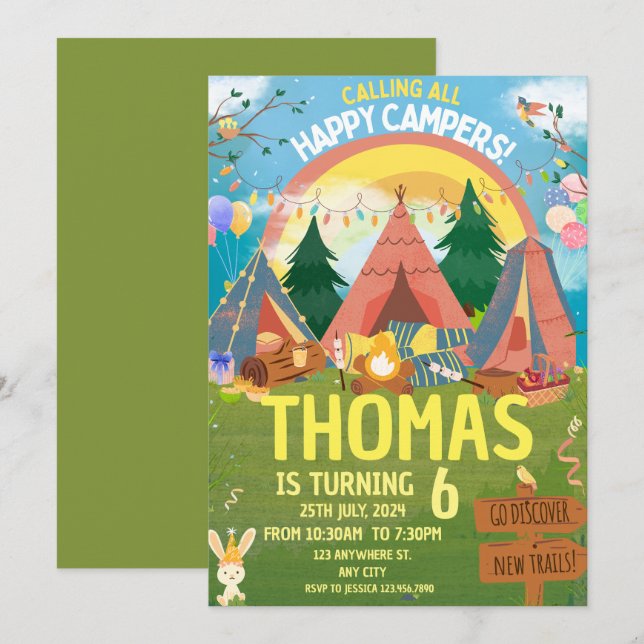 Invitation Camping Anniversaire Fête Enfants modernes Invitat (Devant / Derrière)