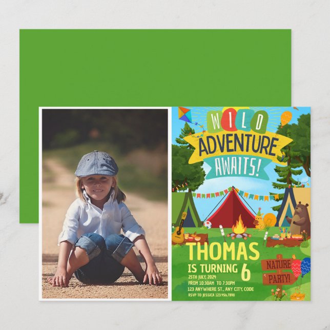 Invitation Camping Anniversaire Fête Enfants modernes Invitat (Devant / Derrière)