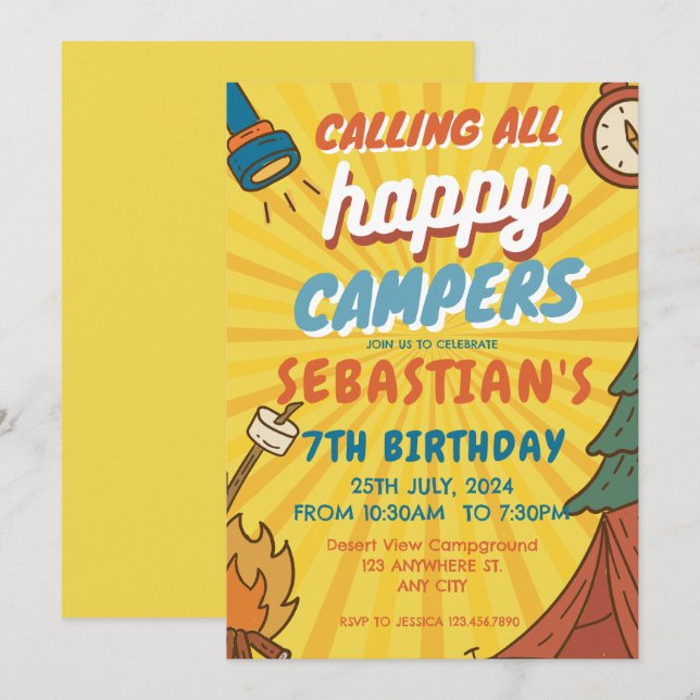 Invitation Camping Anniversaire Fête Enfants modernes Invitat (Devant / Derrière)