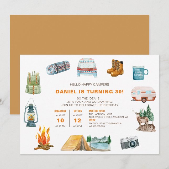 Invitation Camping Aquarelle Icônes Extérieur Anniversaire (Devant / Derrière)